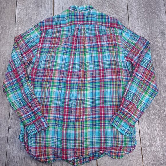 Polo Ralph Lauren Shirt Mens Medium Blue Linen Long Sleeve Button Up Plaid Top - Picture 3 of 7